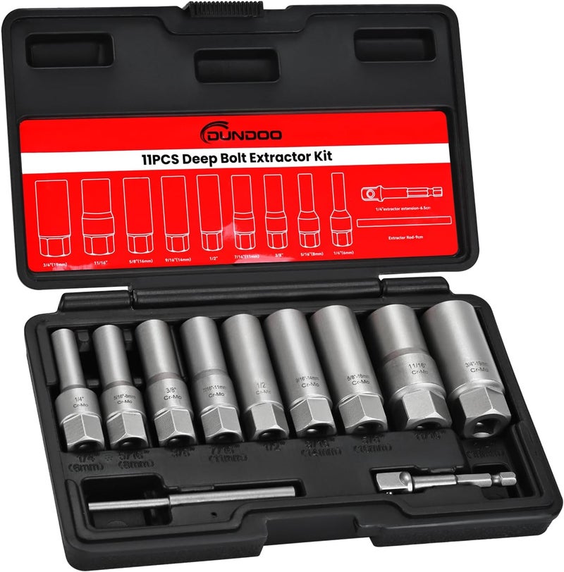 DUDDOO 11pcs Bolt Extractor Kit, Stripped Bolt Extractor Set, Deep Long Easy Out Set, Lug Nut Remover Socket Tool for Studs, Damaged, Frozen, Rusted, Rounded-Off Bolts, Nuts - Image 1